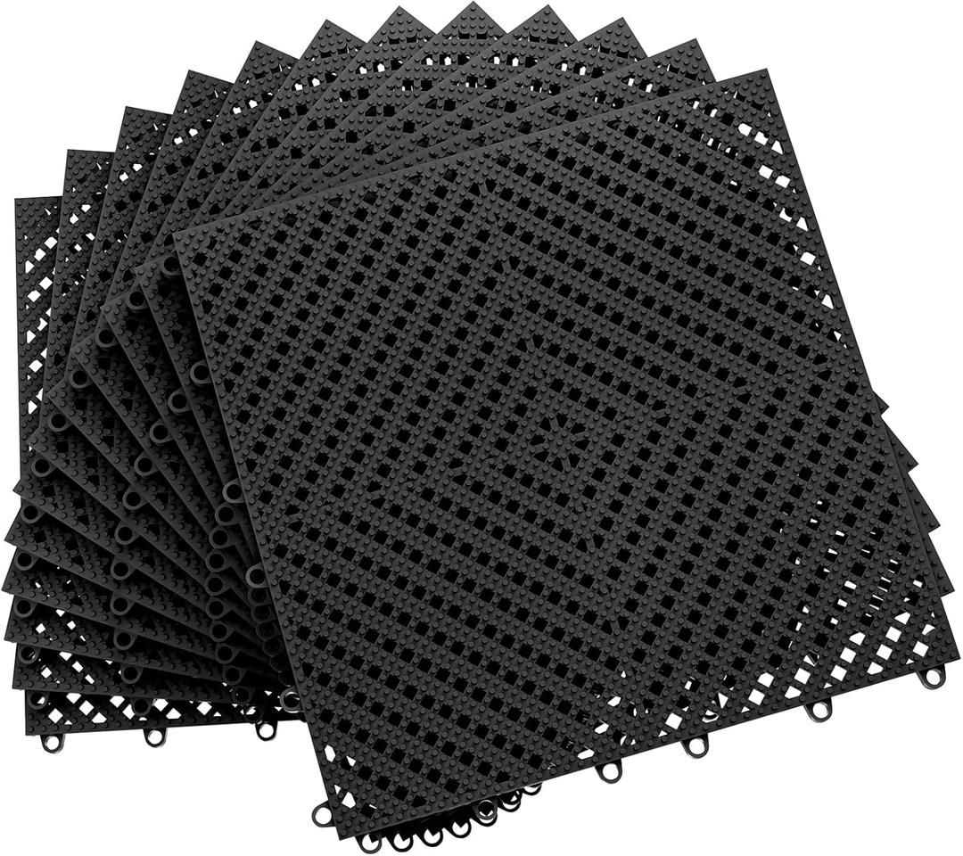 Jocoevol 12-Pcs Interlocking Tile, Indoor/Outdoor Drainage Interlocking Floor Tiles 11.8" x 11.8", Anti-Slip Waterproof Soft PVC Splicing Flooring Tile for Garage Patio Pool Bathroom, Black