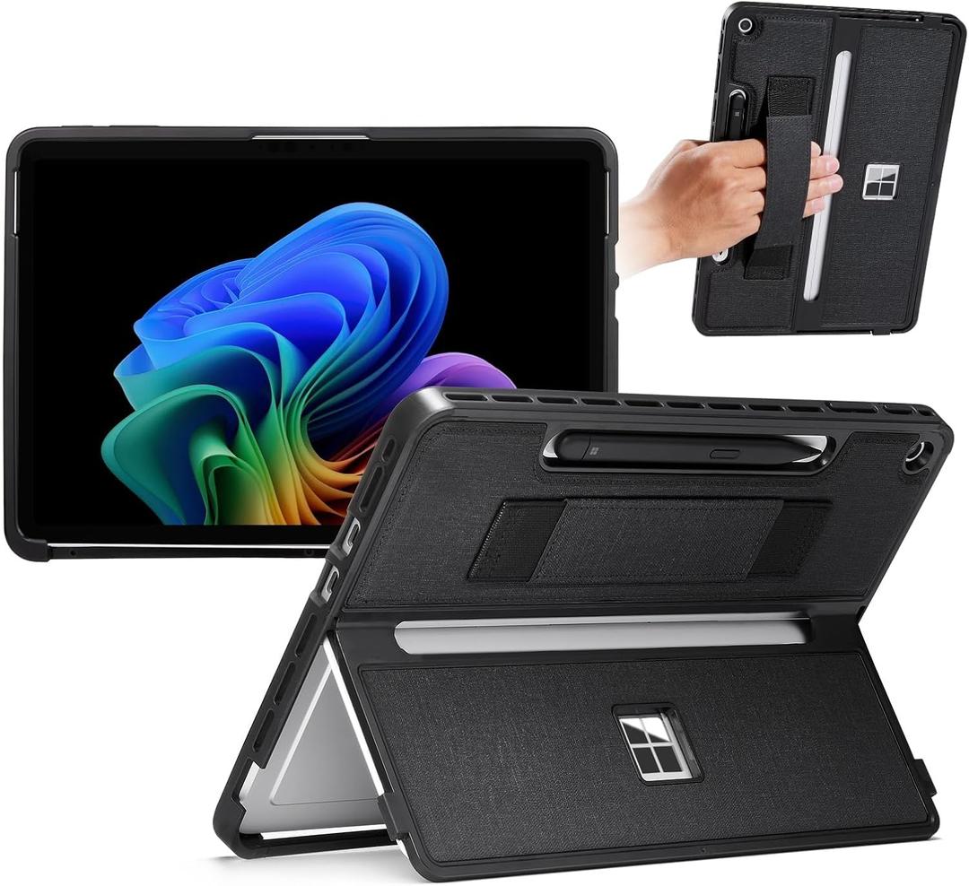 CoBak Rugged Case for Microsoft Surface Pro 12" 2025, Shockproof Protective Cover with Hand Strap, Multi-Angle Kickstand, Built-in Stylus Holder, Compatible with Type Cover Keyboard (Black)