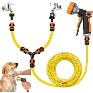 14Pc Dog Washing Hose Attachment - 9.84Ft Long Hose, 2 in 1 Hot & Cold Kitchen Faucet Connector, Y-Splitter & 8 Spray Patterns Garden Hose Nozzle for Watering, Car Wash, Cleaning and Showering Pets
