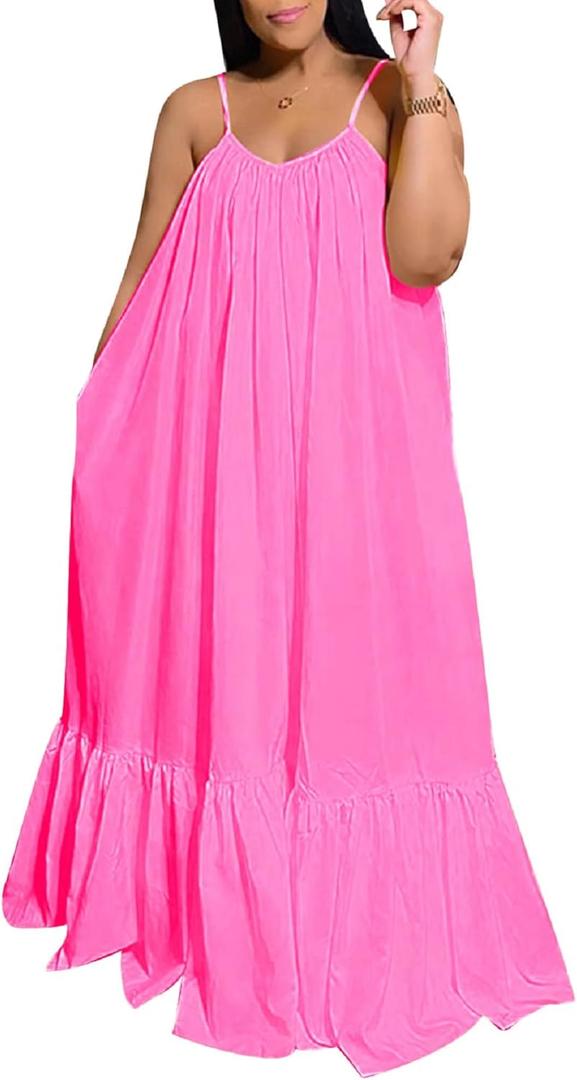 Adogirl Women's Sexy Spaghetti Strap Sleeveless Ruched Ruffle Hem Bandage Oversized Beach Loose Long Maxi Swing Dress (Medium, Pink)