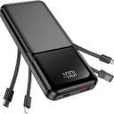 RONEGN Portable Charger with Built in Cable 20000mAh Fast Charging | Power Bank USB C Slim 22.5W LED Display Battery Pack 5 Outputs & 3 Inputs for Travel Essentials iPhone Samsung Phones Black