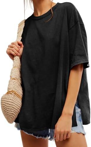 Tankaneo Womens Oversized Tshirts Summer Casual Short Sleeve Crew Neck T Shirt Loose Fit Side Slit Tee Tops Medium, Black