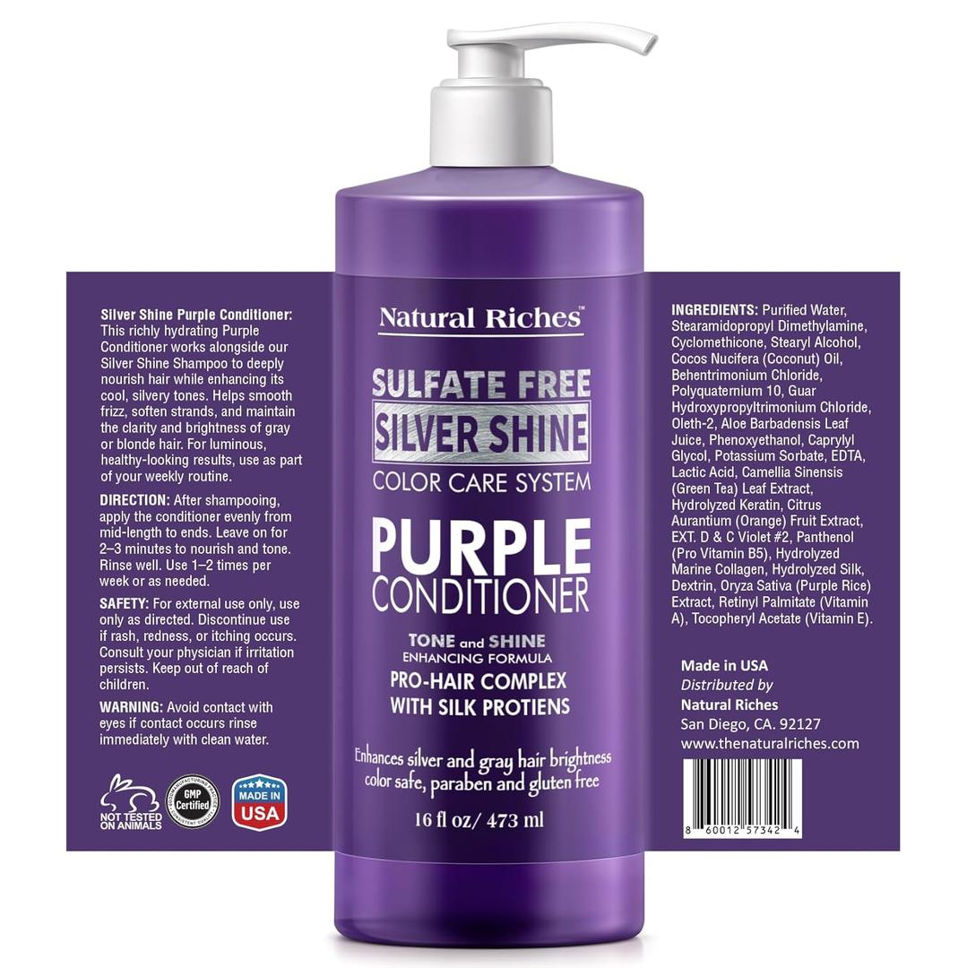 Natural Riches Radiant Silver Shine Purple Conditioner for Gray Hair - Paraben-Free and Color Safe – With Silk Proteins, Tones Dull Hair, Softens & Adds Shine - 16 fl oz