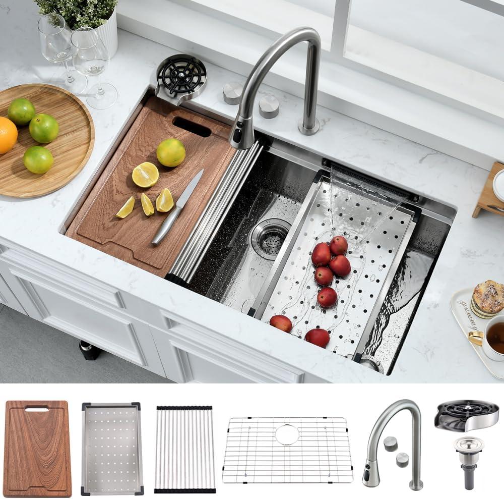 33 Inch Undermount Waterfall Kitchen Sink-Bokaiya 33x19 Stainless Steel Undermount Workstation Sink 16 Guage Multifunction Single Bowl Kitchen Sinks with Faucet (Brushed Nickel)