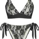 seamoly 2 Pieces Lace Bikini V-Neck Swimsuits for Women Tie Side Bikini Set Classic Black (S)