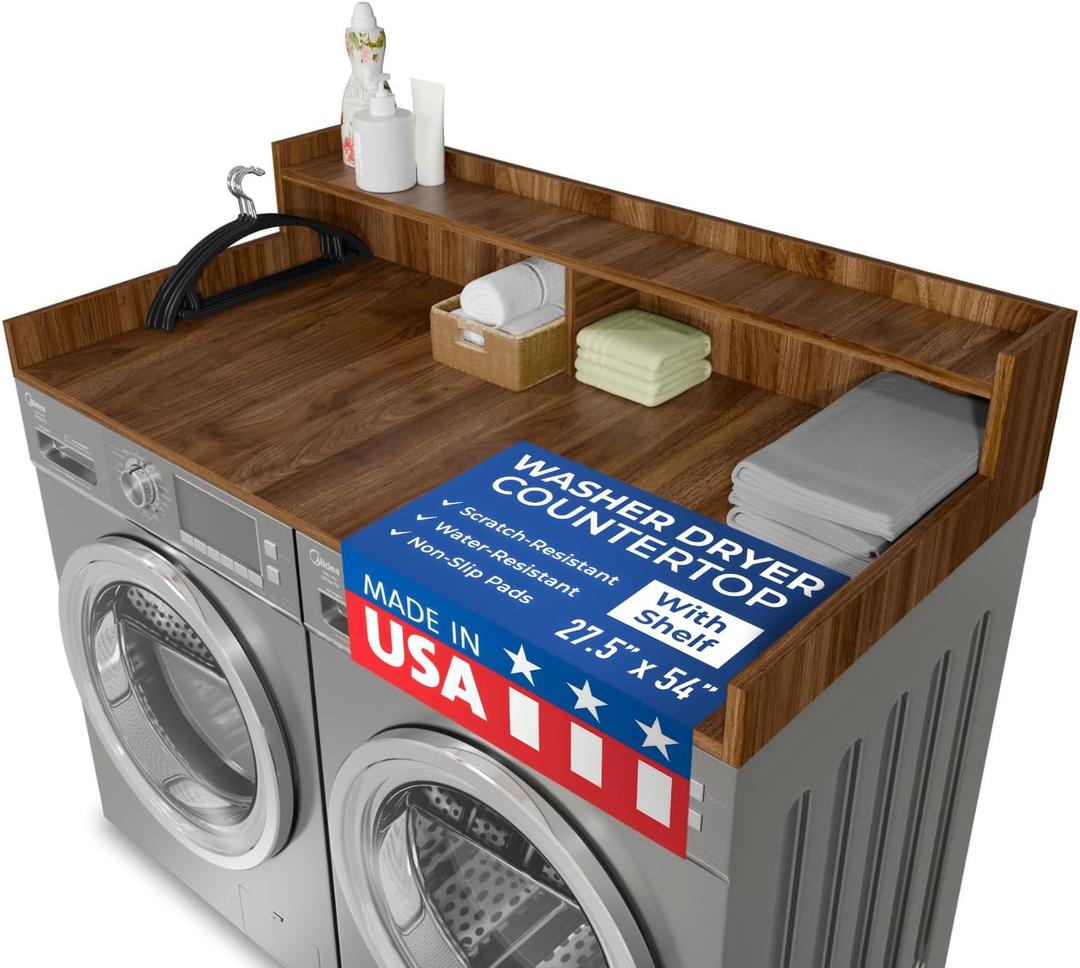 OfficeSimpli Washer Dryer Countertop with Shelf - 27.5 x 54 Inch - Made in USA Laundry Countertop Over Washer and Dryer with Non-Slip Pads, Storage Shelf, Laundry Topper Organizer, California Walnut, 2 Tier