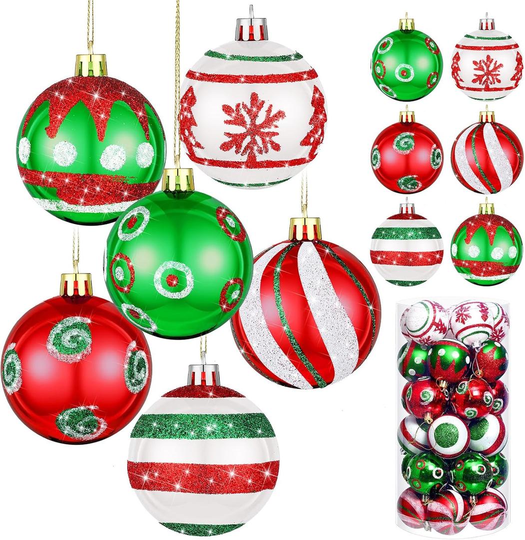 Hungdao 30 Pcs 2.36 Inches Shatterproof Christmas Tree Ball Ornaments Set, Plastic Red Green White Elf Glittering Xmas Hanging Bulbs Pendants for Christmas Tree Decoration Holiday Party Home Decor