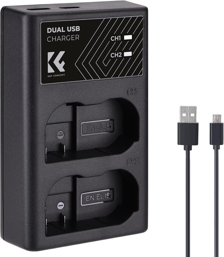 K&F Concept EN-EL15 Battery Charger, Dual Slot EN-EL15c EN-EL15b EN-EL15a Charger for Nikon Z8 Z7 Z6 Z6ii D850 D780 D750 D7500 Camera
