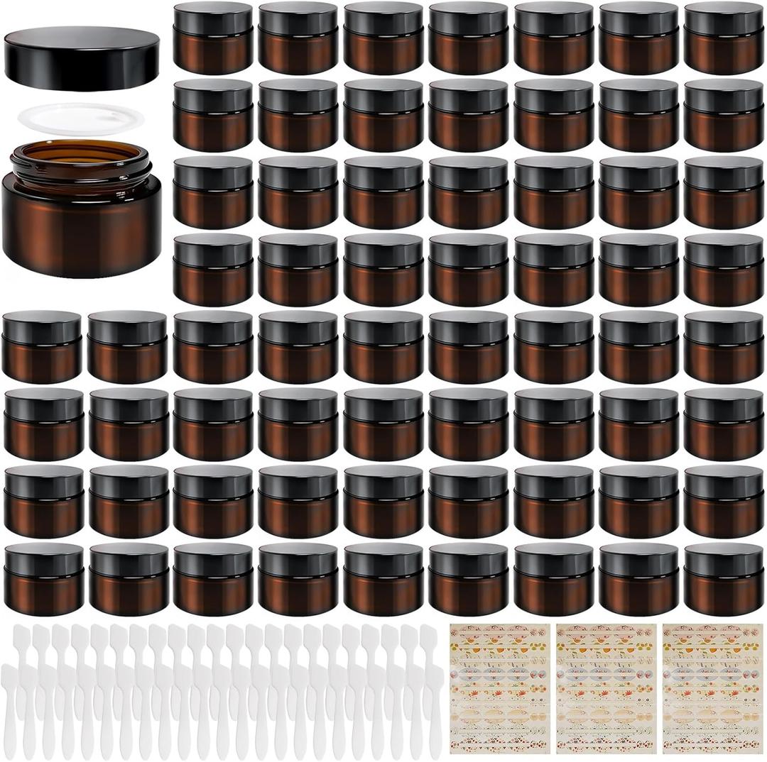 64 Pcs 1oz Glass Jars with Lids, Small Cosmetic Containers Bulk Amber Tins Glass with Inner Liners, Facial Mask Spoons, and Labels for Travel Lotions, Creams, and Candles (Black Lid)