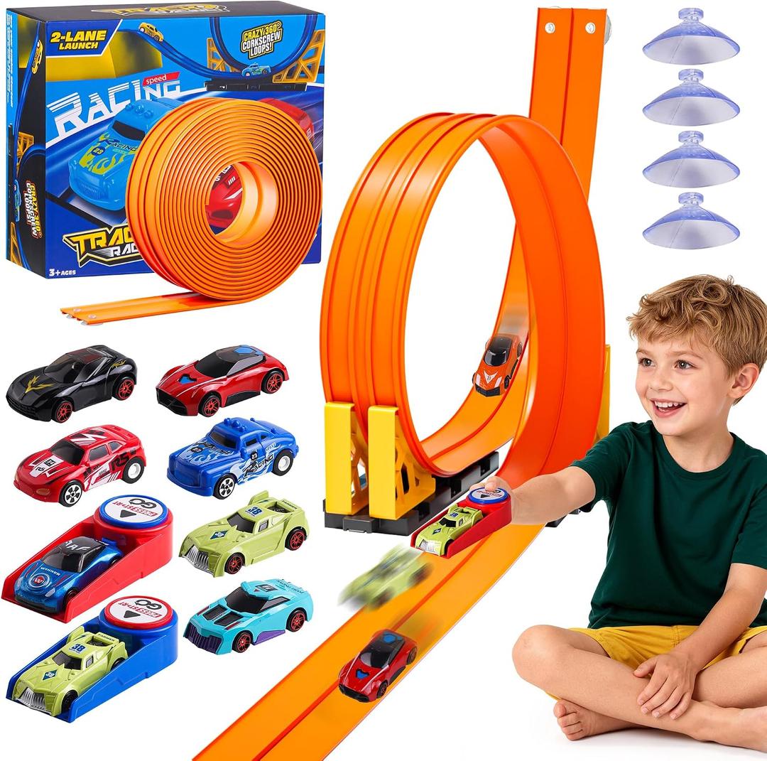 16-Ft Flexible Race Track Set for Kids, DIY Roll-Up Racetrack with 2 Launchers & 6 Mini Cars, Suction-Cup Portable Track Compatible with 1:64 Die-Cast Cars, Indoor & Outdoor Orange