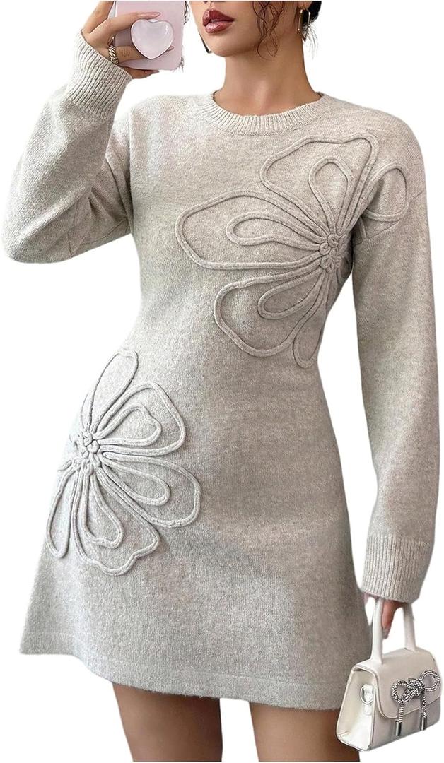 GORGLITTER Women's Floral Sweater Dress Long Sleeve Crew Neck A Line Fall Winter Knit Mini Dresses 2025 (Medium)