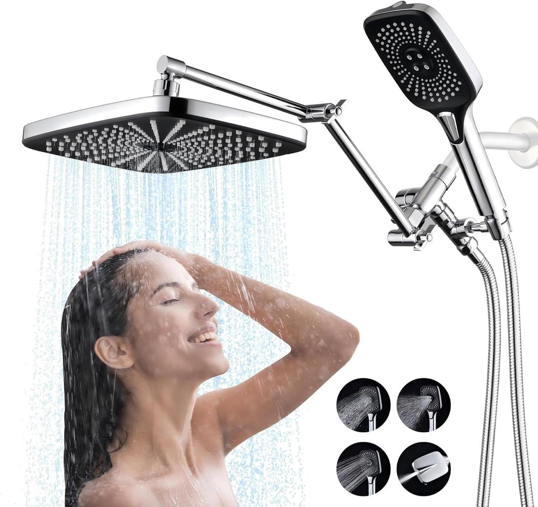 Cuzubro 12" High Pressure Rainfall Shower Head With Handheld Spray, Waterfall Shower Heads, Dual Showerhead With 71" Hose, 3-Way Diverter, Height/Angle Adjustable, Anti-Clog Nozzles, Chrome
