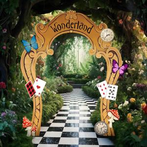 Peryiter 9 Pcs Fair Wonderland Tea Party Decoration 8.04 x 6.46 ft Include 1 Wonderland Door Banner and 8 Theme Cards 1 Tape for Photo Booth Background Birthday Baby Shower Poker Party Supplies