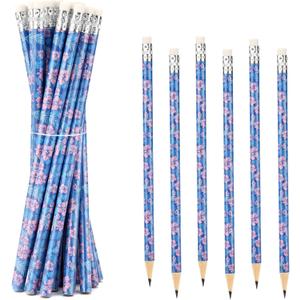 20pcs Cartoon Blue Pencils with Floral & Leaf Prints, Hawaiian Themed Wooden Pencils with Eraser Hawaii Themed Party Supplies for Classroom School Office