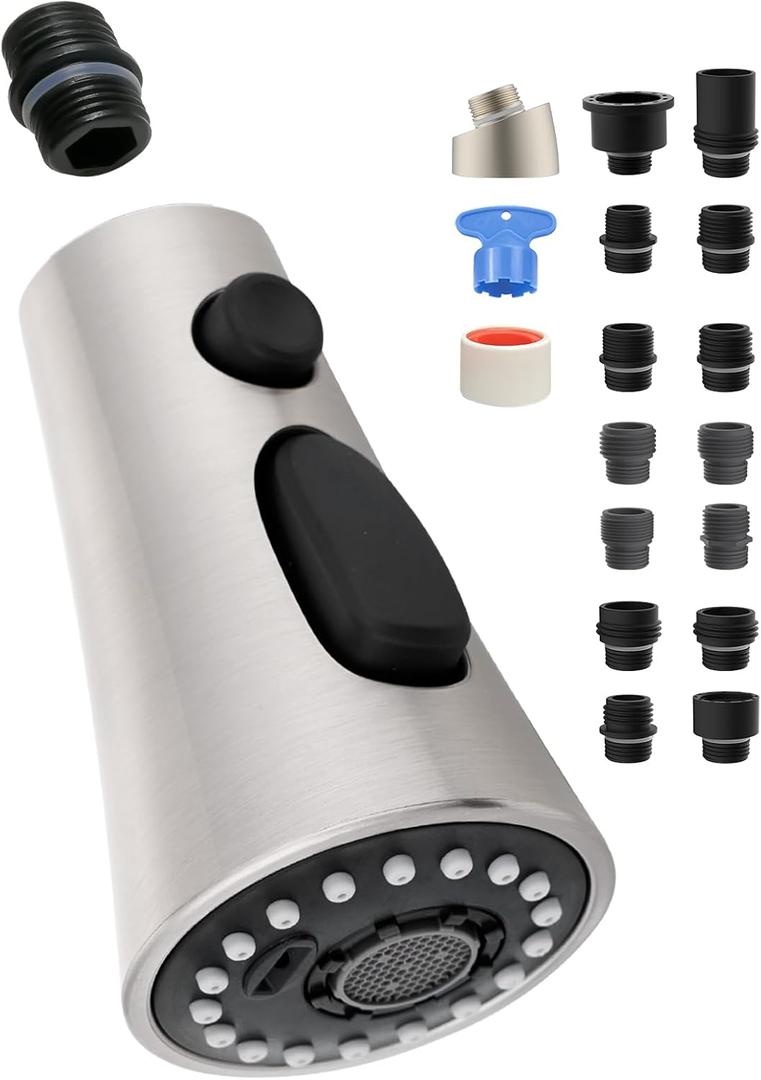 Universal Kitchen Faucet Head Replacement with 15 Adapter Kit Compatible with American Standard/Kohler/Moen/Delta Faucets, 3 Function Pull Down Sink Faucet Spray Head, Brushed Nickel