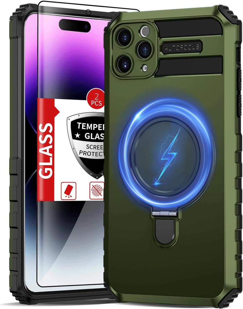 Magnetic for iPhone 14 Pro Max Case Compatible with MagSafe Wireless Charging,with 2 Screen Protectors,14Pro Max Case Magnet with Kickstand Ring,Heavy Duty Protection Military Grade Drop Green