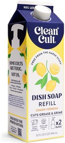 Cleancult Dish Soap Liquid Refill (32oz, 1 Pack) - Plant Based Cleaning Power - Dish Soap that Cuts Grease & Grime - Free of Harsh Chemicals - Uses 90% Less Plastic - Lemon Verbena