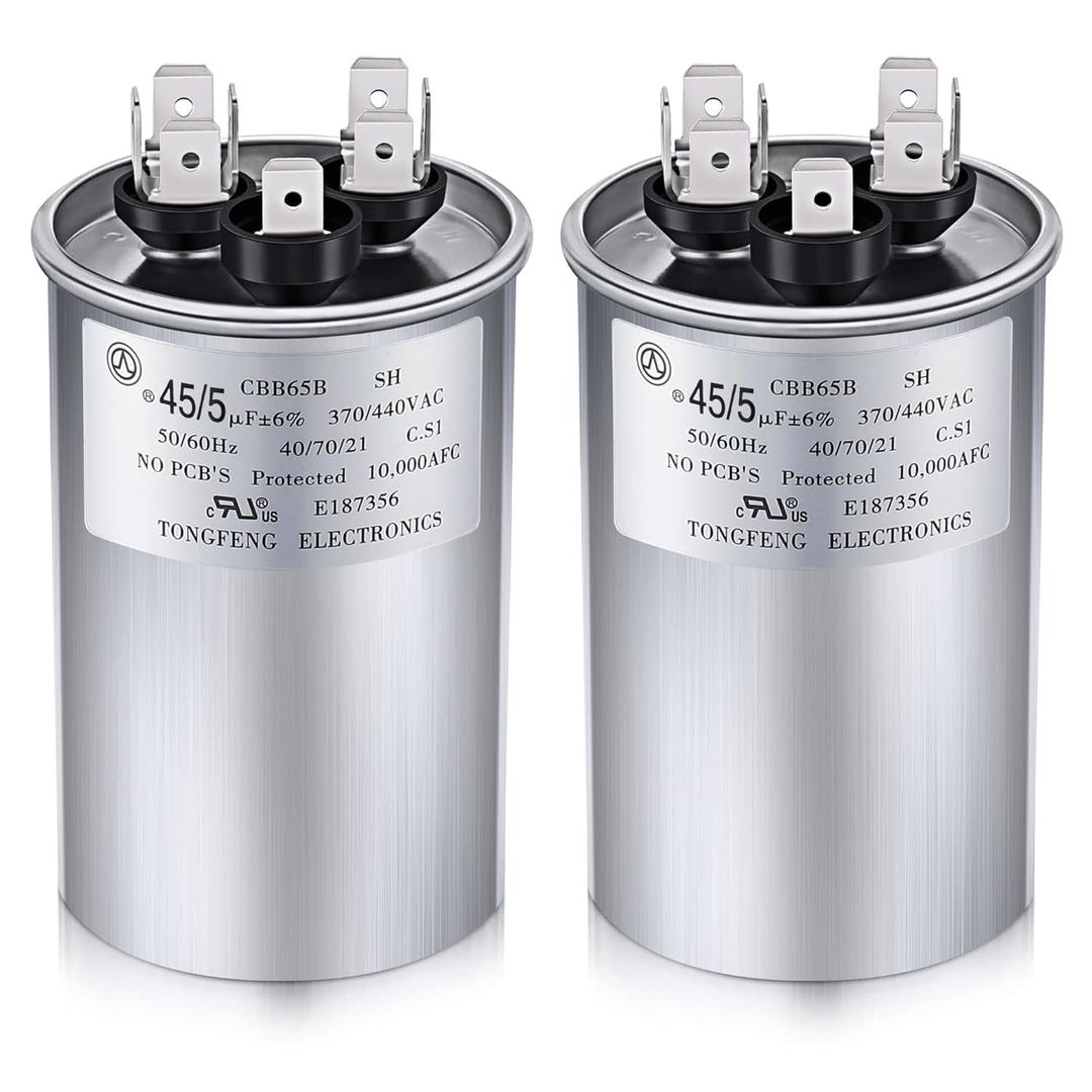Frienda 2 Pcs 45+5 MFD 45/5 uf 6% 370V or 440V VAC Dual Run Round Capacitor, 45 5 Start Capacitor for AC Air Conditioning Unit, Condenser Straight Cool or Heat Pump