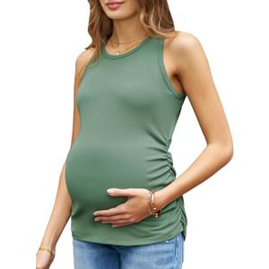 Women's Maternity Tank Tops Summer Sleeveless Crew Neck Ribbed Knit Slim Fitted Blouse Side Ruched Pregnancy Shirts (XX-Large, Light Green)