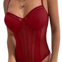 Lilosy Petite Sexy Strappy Wireless Mesh Sheer Babydoll Lingerie Women Teddy Bodysuit Corset Bustier Nightgown Nightshirt See Through One Piece Red X-Small