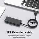 USB Hub, Multiport USB Splitter Adapter, 2 ft Long Cable USB 3.0 Hub, USB Extender for Laptop, PC, iMac, Surface Pro, MacBook, Mac Pro, Flash Drive, XPS, Mouse, HDD (Longline Black-Plastic)