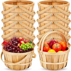 Marsui 10 Pcs Large Wooden Bushel Baskets 11 x 6.5'' Wicker Berry Apple Fruit Bushel Baskets with Handle for Autumn Harvest Garden Storage Farmers Personal or Commercial Use, Burly Wood