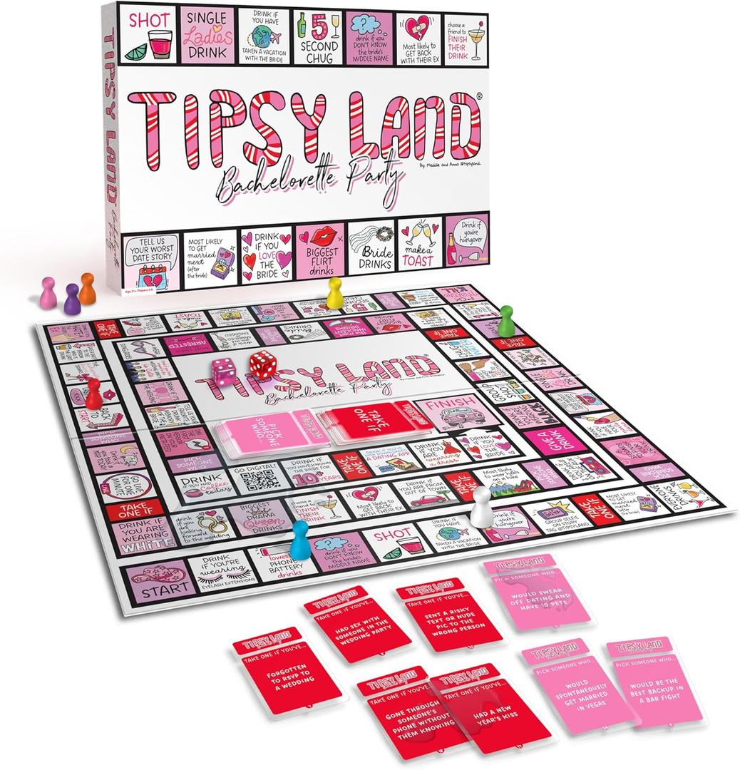 TIPSY LAND Bachelorette Edition Your New Favorite Party Board Game, More Than 75 Unique Spaces for Calling Out Friends, Silly Dares & Confessions, Mini Competitions
