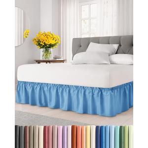 Wrap Around Dust Ruffle Bed Skirt - Denim Blue - for King Size Beds with 15 Inch Drop - Elastic Strap - Adjustable Pleated Bedskirt with Brushed Fabric and Wrinkle Free - for Women, Men, Kids & Teens