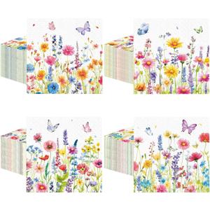 Fulmoon 200 Pieces Spring Wildflower Cocktail Napkins Decoupage Disposable Floral Dessert Paper Dinner Napkins Decorative Flower Butterfly Beverage Towel for Spring Summer Party Favor Supplies