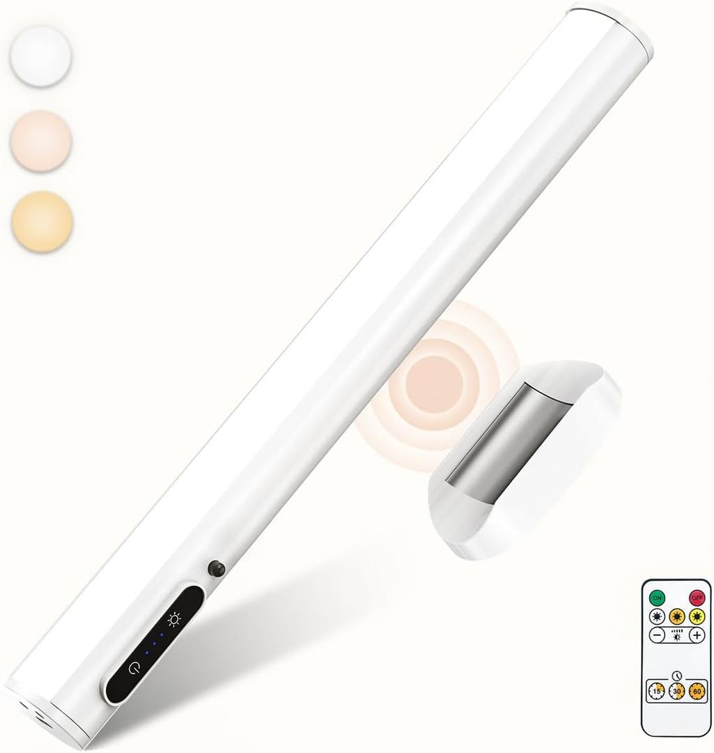 Rechargeable Magnetic LED Light Bar with Remote, Under Cabinet Lighting Wireless, Battery Powered Operated Wall Strip Lights, Dimmable Desk Lamp for Mirror Counter Bathroom Indoor - White