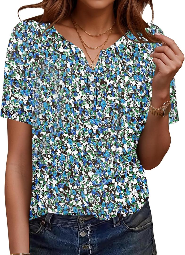 Womens Summer Tops Short Sleeve Boho Floral Shirts Loose Tunics Blouses (L)