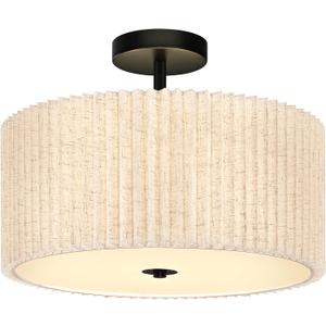 3-Light Semi Flush Mount Ceiling Lights Fixture 16 Inch Drum Light Fixture Drum Ceiling Lights with Pleated Fabric Shade Black Close to Light Fixtures for Hallway Living Room