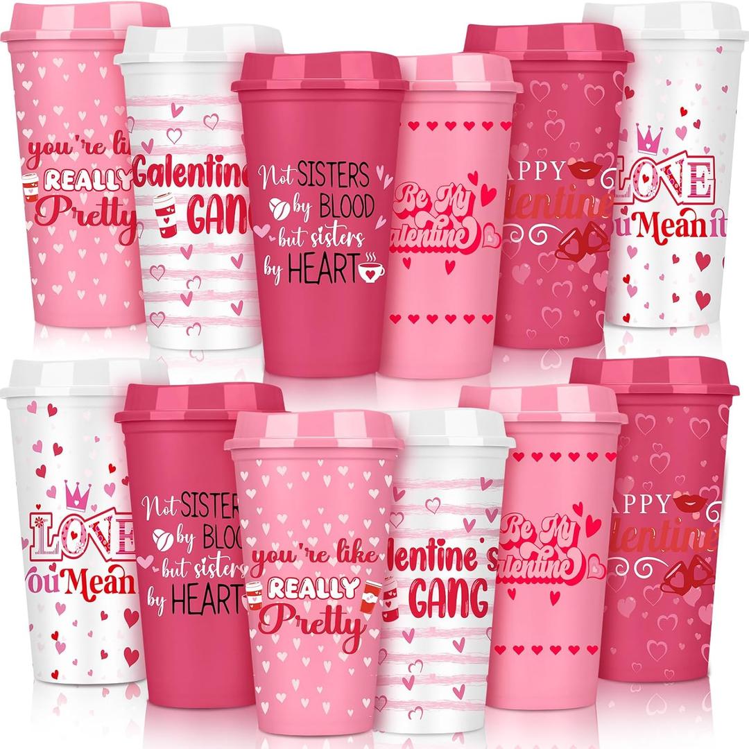 12 Pcs Galentines Day Coffee Cups Gift Bulk with Lids 16 oz Reusable Plastic Heart Cups Galentine's Day Party Supplies Red Pink Mug for Women Teacher Galentine‘s Friendship Gift for Hot Cold Drink