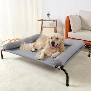 Cooling Elevated Dog Bed with Pillows,Portable Washable Raised Dog Cot with Chew Proof Mesh and Metal Frame,No-Slip Rubber Feet for Indoor & Outdoor Use,Large,Gray (L(42x31.5x8)Inches, Grey)