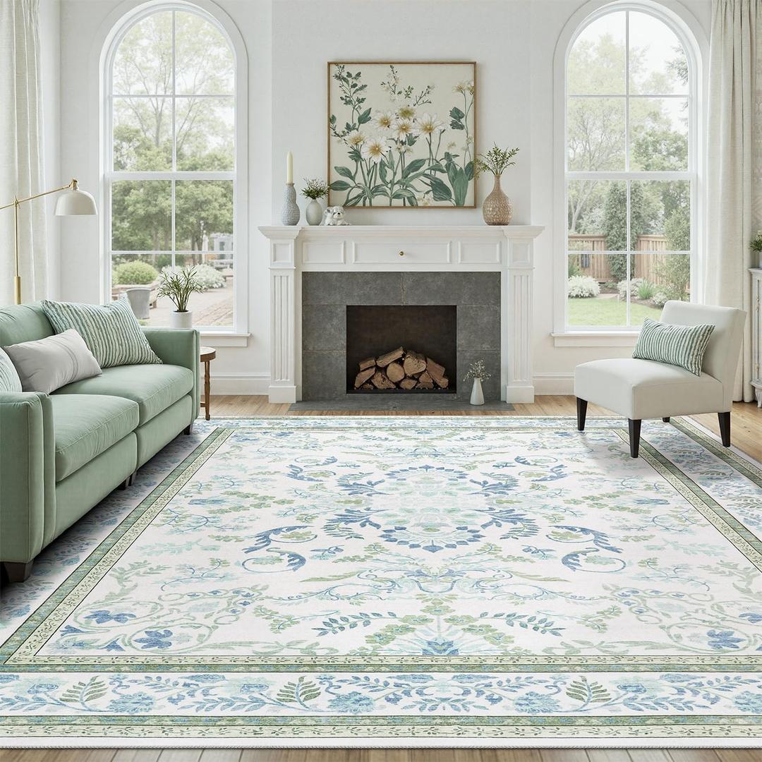 DCX Green 9x12 Rug, Kid & Pet Friendly with Rubber Back Non Slip, Machine Washable Stain Resistant Botanical Floral Rug for Living Room, Bedroom, Soft Low Pile Large Nursery Carpet