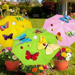 3 pack Plants Umbrellas for Outdoor Plants, Garden Small Umbrellas for Potted Plants & Garden Beds Provide Sun Shade and Rain Protection with 12 Butterflies and 8 Insect Accessories