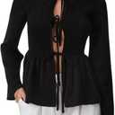 Women's Long Sleeve Shirred Peplum Going Out Tops Y2K Tie Front Babydoll Shirt Blouses (Black, M)