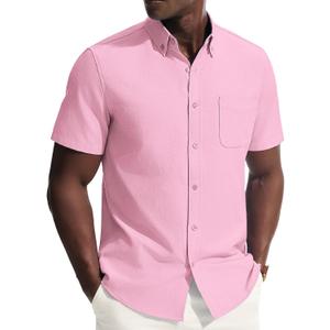 PJ PAUL JONES Mens Dress Shirts Oxford Button Down Shirt Short Sleeve Business Casual Untucked Shirts with Pocket (Pink, L)