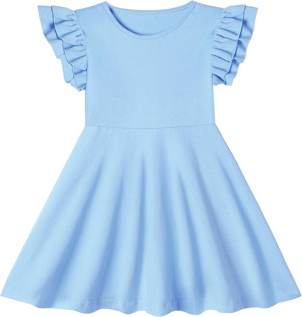 Toddler Girls Cotton Dress Double Flutter Sleeve Baby Tie Back Dress Kids Casual Ruffle Dresses (Purple)