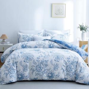 BOLINLIVING Floral Duvet Cover King Size 3 Pieces, Flower Duvet Cover with 2 Pillow Shams, Soft Floral Bedding Set White and Blue for All Season, Breathable, Zipper Closure (King(104" x 90"))