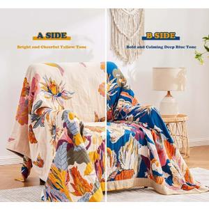 Boho Throw Blanket - 100% Cotton Soft Spring Throw Blanket for Bed, 50"x60" Reversible Breathable Lightweight Blankets, All Seasons Farmhouse Decor Floral Plant Butterfly Throw Quilt