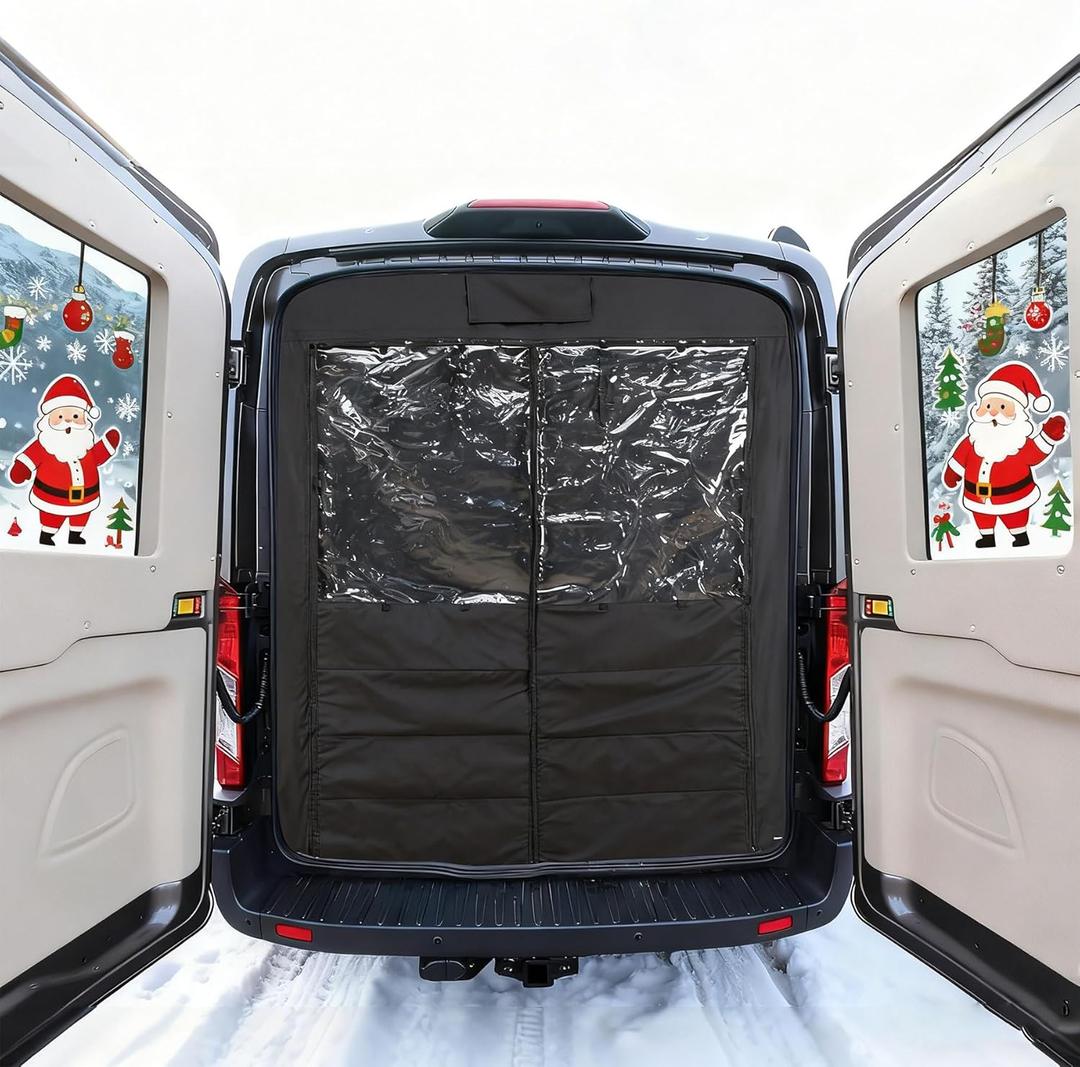 Insulated Rear Door Van Chill Curtain Fit for Ford Transit 2015-2025 Medium Roof, Thermal Blackout Privacy, Waterproof Canvas with PVC Window, Auto-Close Magnets, Vanlife