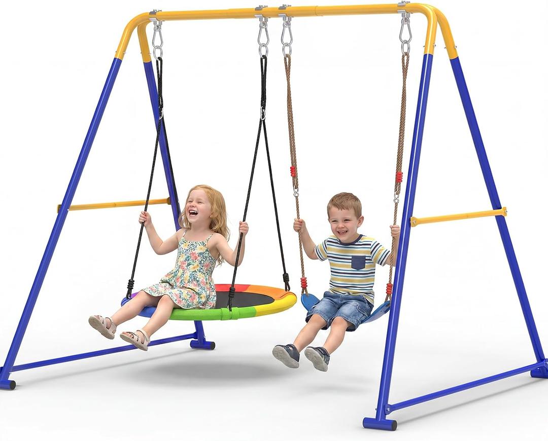 2-in-1 Swing Set for Backyard for Kids, with 1 Saucer Swing, 1 Belt Swing, 440lbs Metal Swing Set for Toddler, Heavy-Duty Swing Stand w/8 Ground Stakes, Outdoor Swingset for Kids Adults (Blue)