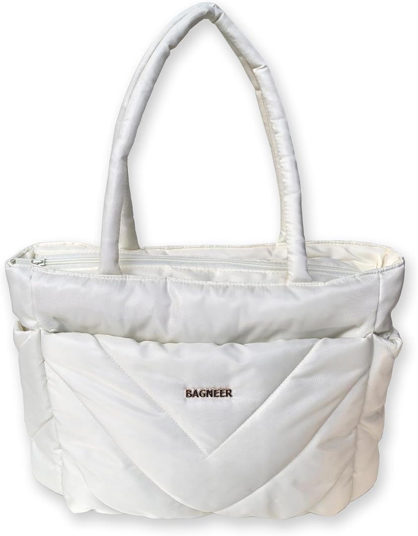 Puffer Tote Bag for Women, Lightweight Puffy Tote Handbag for Travel Work Bag with YKK Zipper, Non-slip Bottom