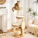 797Audio Wood Modern Cat Tree for Large Cat, 47" Cat Tower with Scratching Posts, Scratch Ball, Cat Beds, Aesthetic Multi-Level Cat Climbing Tree with Hand-Woven Wicker Rattan for Indoor Cats