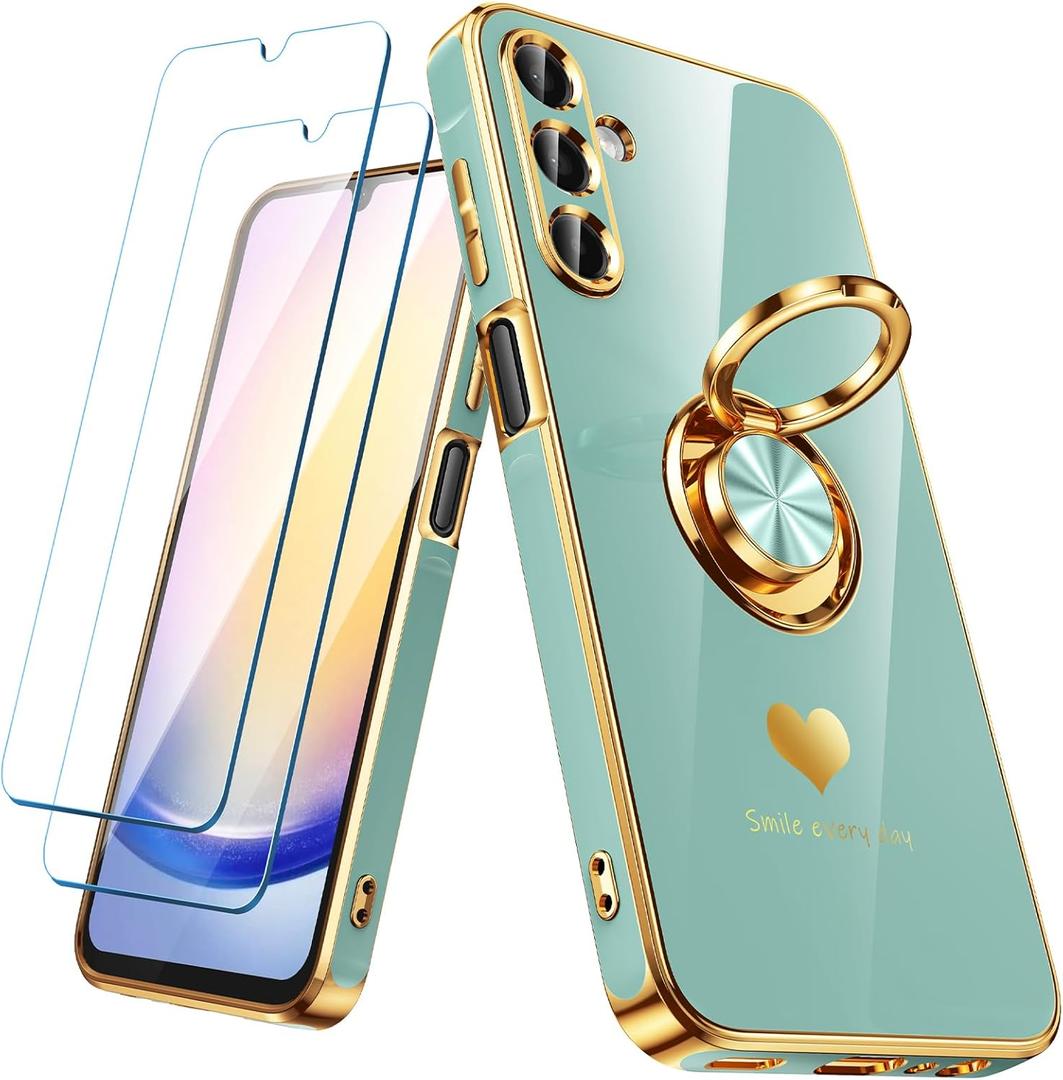 for Samsung Galaxy A25 5G Case with 2 Pack Screen Protector, 360 Rotatable Ring Holder [Luxury Hearts Pattern] Plating Gold Edge Slim Soft Phone Cover Case for Galaxy A25 - Mint