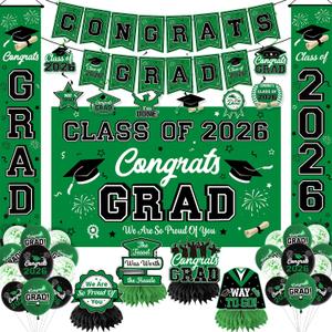 Graduation Decorations 2026 Green Graduation Party Decor Set include Congrats Grad Banner Backdrop Class of 2026 Balloons Party Supplies