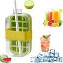 2-in-1 Ice Cube Bottle with Straw, Cool Summer Ice Maker Cup, Ice Cube Tray with Lid and Bin, Zero-Touch Press Design, Leakproof Ice Cube Mold for Freezer, Gym, Home & Travel (Green, 800ML)