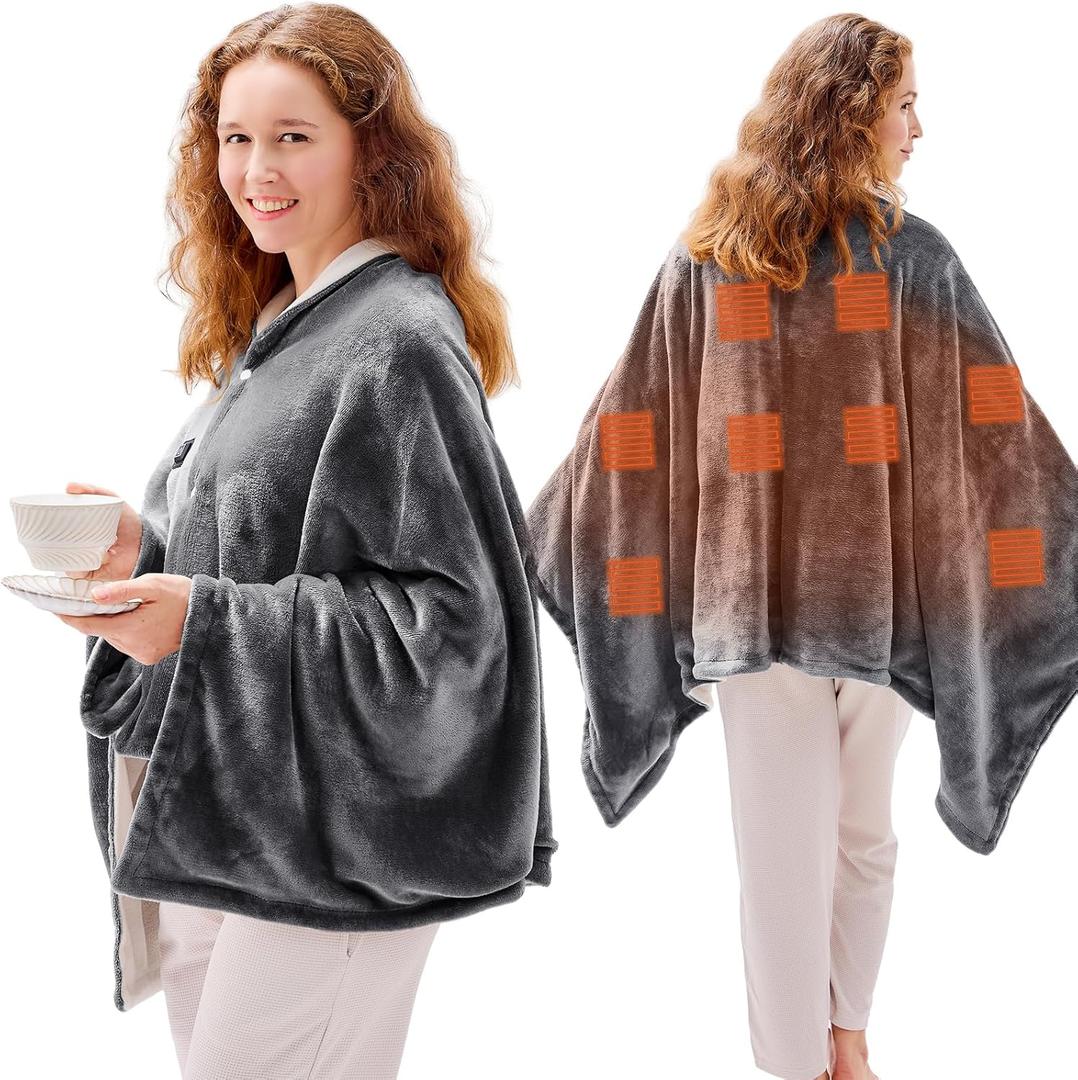 JOLLYVOGUE USB Heated Blanket Throw with 3 Levels & 8 Heating Zone, Wearable & Portable Heating Electric Blanket for Adults, Battery Operated Shawl for Indoor & Outdoor, 60x30inches, Dark Grey