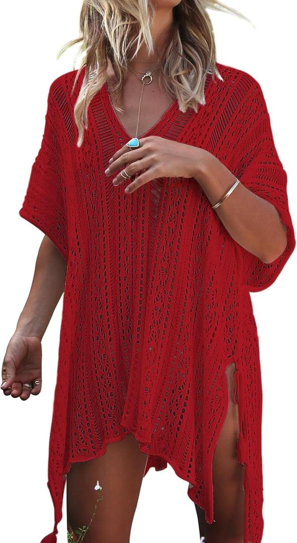 Jeasona Womens Bathing Suit Cover Up for Beach Pool Swimwear Crochet Dress (Medium, Red)